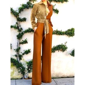 Glitter Jumpsuit Long Sleeve Wide Leg Gold Honey Amber Brown Size XS M
